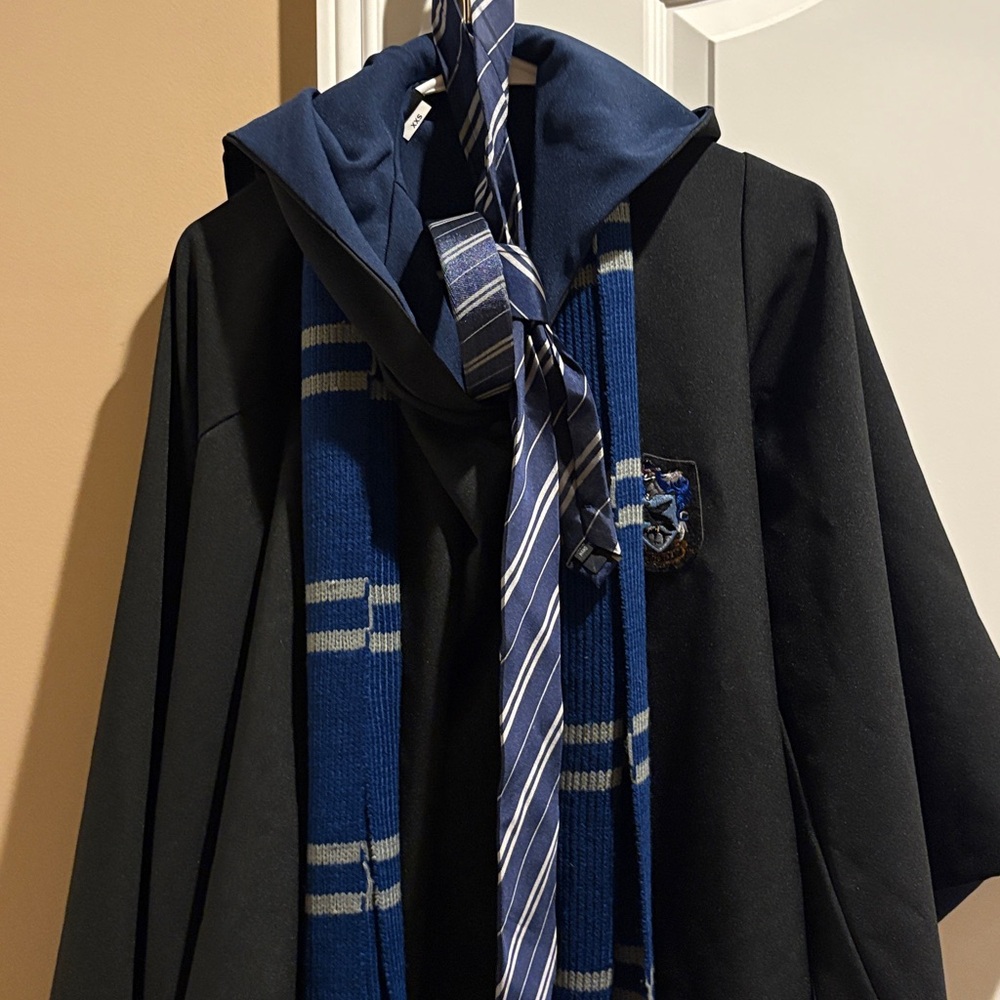 Kids Magical Wizard Costume with Scarf and Tie - Black and Blue and headband.